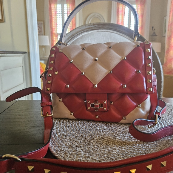 Top Handle Studded Stud Structured Handbag Bag Pink Red Two Tone - Picture 16 of 16